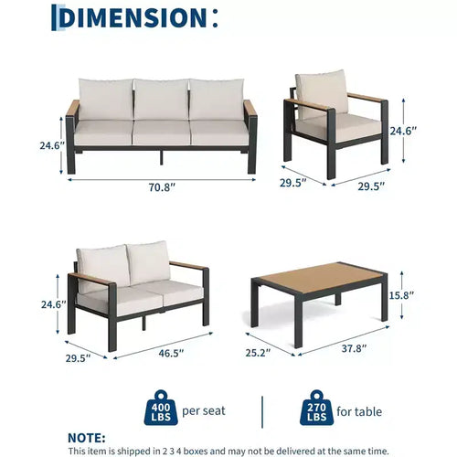 Ensemble de conversation d'extérieur 5 pièces en aluminium avec coussins épais lavables et table basse pour terrasse - Beige