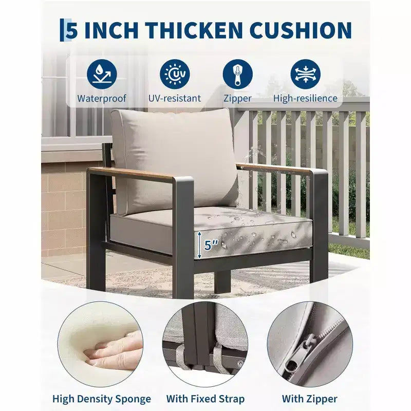 Ensemble de conversation d'extérieur 5 pièces en aluminium avec coussins épais lavables et table basse pour terrasse - Beige