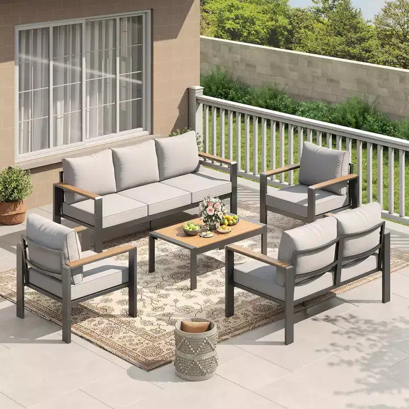 Ensemble de conversation d'extérieur 5 pièces en aluminium avec coussins épais lavables et table basse pour terrasse - Beige