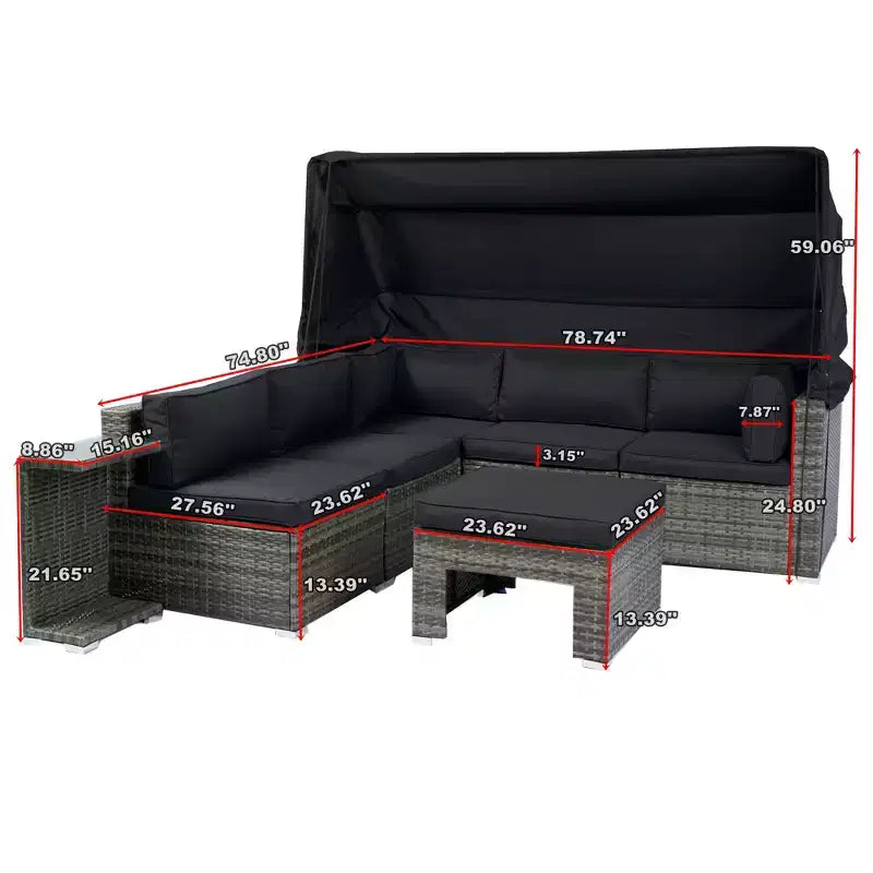 Canapé sectionnel d'extérieur moderne 7 pièces GDFStudio Solio en fer et rotin PE avec auvent rétractable et coussins lavables