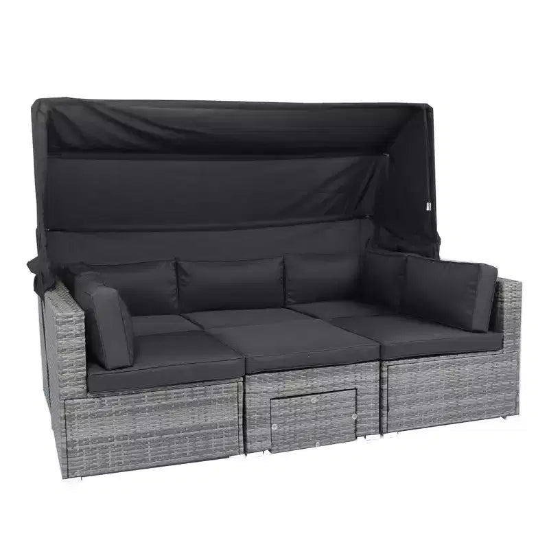 Canapé sectionnel d'extérieur moderne 7 pièces GDFStudio Solio en fer et rotin PE avec auvent rétractable et coussins lavables