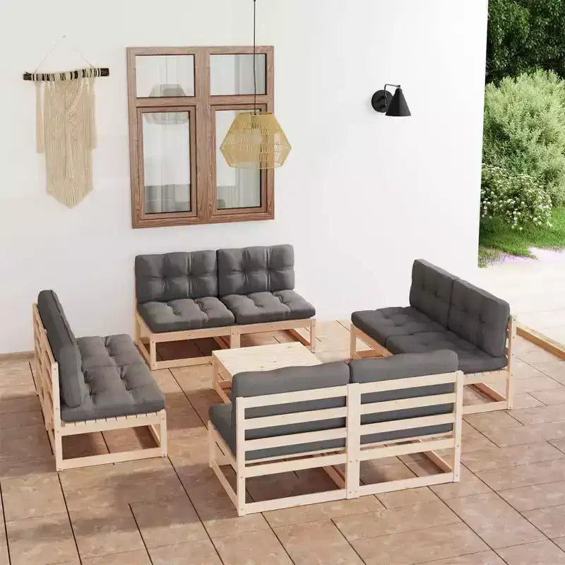vidaXL Salon de jardin gris Bois de pin massif, 100 % polyester, ensemble de 9 pièces