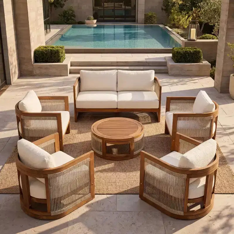 Christopher Knight Home Crune, ensemble de 6 pièces de mobilier d'extérieur en bois d'acacia avec design incurvé et corde tressée