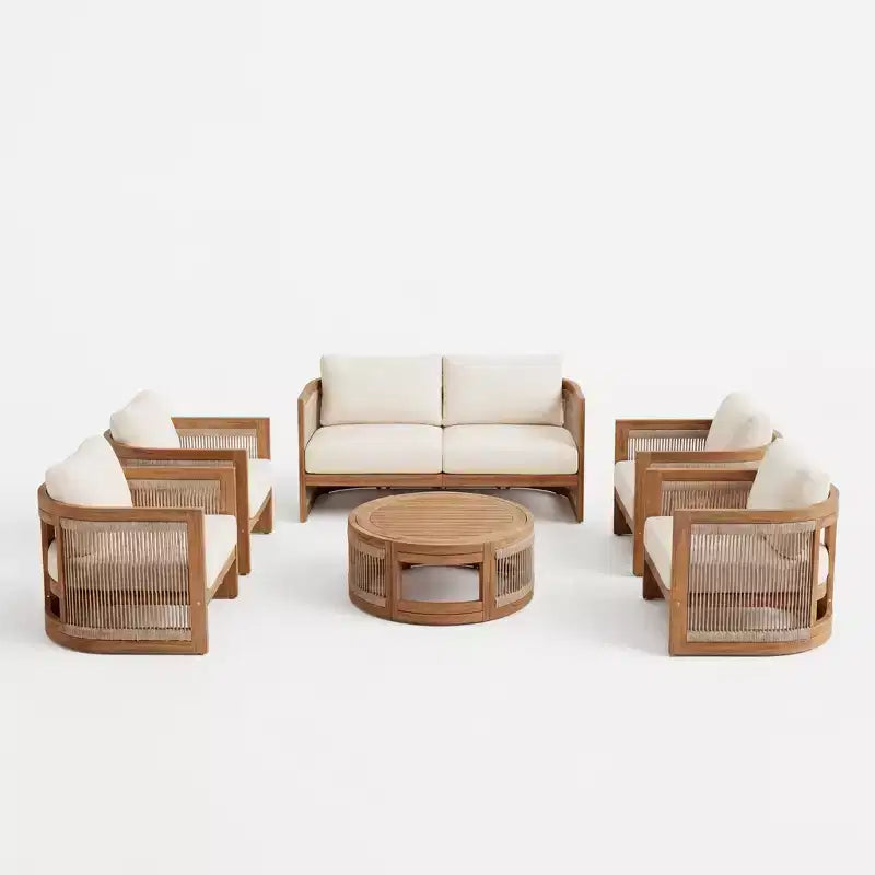 Christopher Knight Home Crune, ensemble de 6 pièces de mobilier d'extérieur en bois d'acacia avec design incurvé et corde tressée
