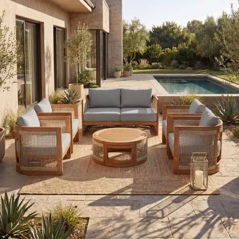 Christopher Knight Home Crune, ensemble de 6 pièces de mobilier d'extérieur en bois d'acacia avec design incurvé et corde tressée