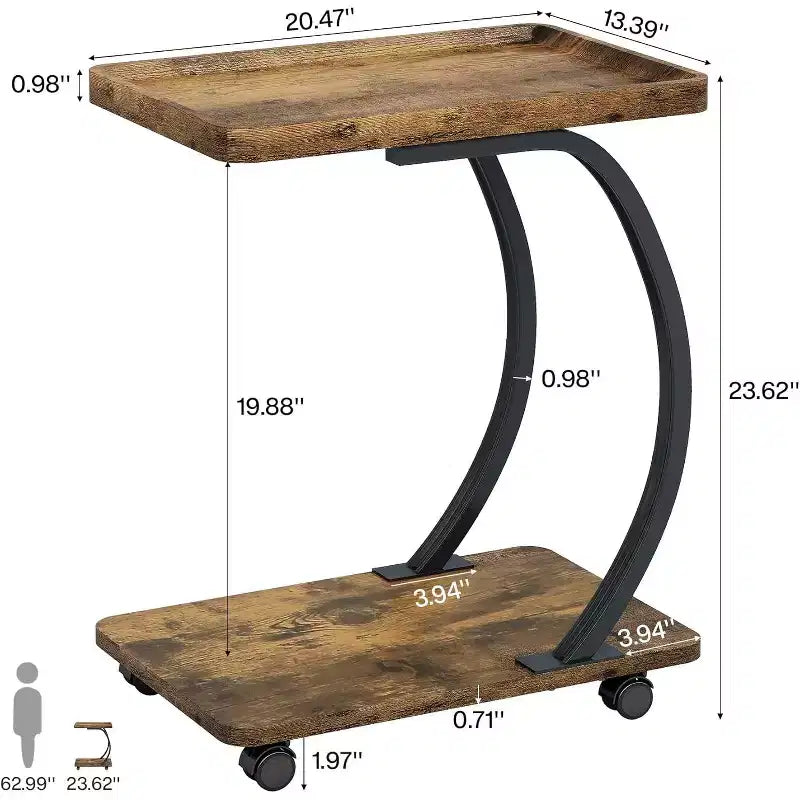 Lantine C-Shaped End Table, 2-Tier Small Side Table with Wheels, Wood Bedside Snack Couch Table for Living Room Small Spaces, Brown