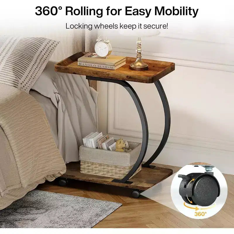 Lantine C-Shaped End Table, 2-Tier Small Side Table with Wheels, Wood Bedside Snack Couch Table for Living Room Small Spaces, Brown