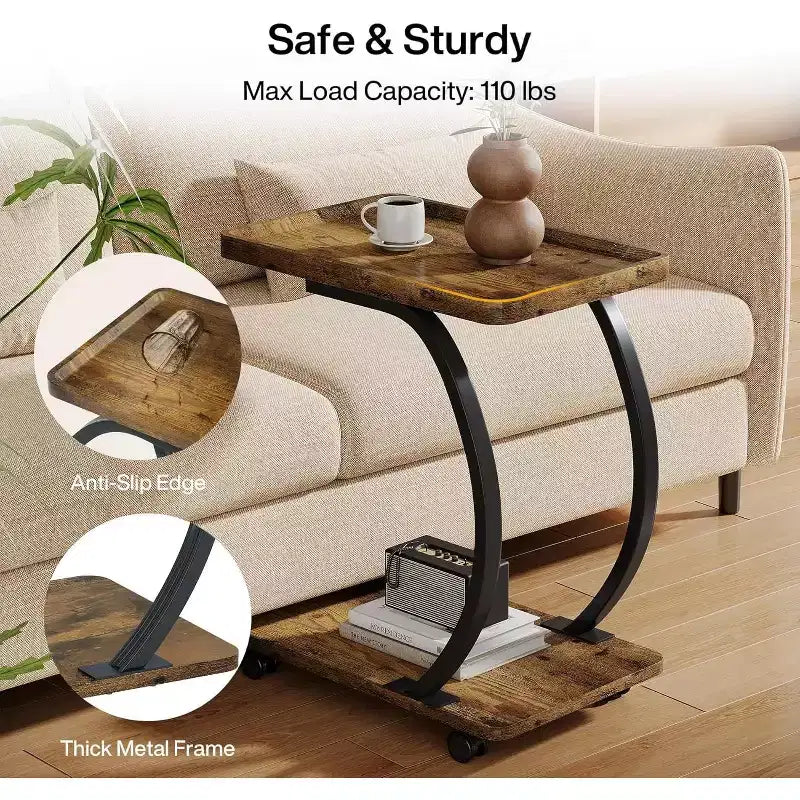 Lantine C-Shaped End Table, 2-Tier Small Side Table with Wheels, Wood Bedside Snack Couch Table for Living Room Small Spaces, Brown