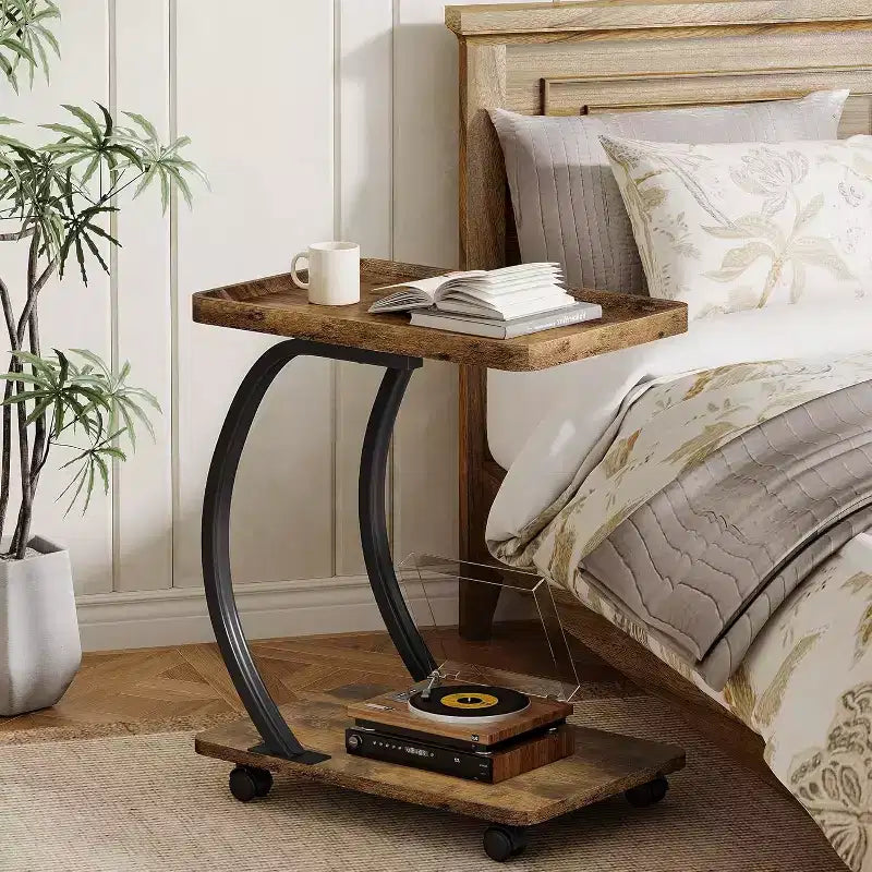 Lantine C-Shaped End Table, 2-Tier Small Side Table with Wheels, Wood Bedside Snack Couch Table for Living Room Small Spaces, Brown