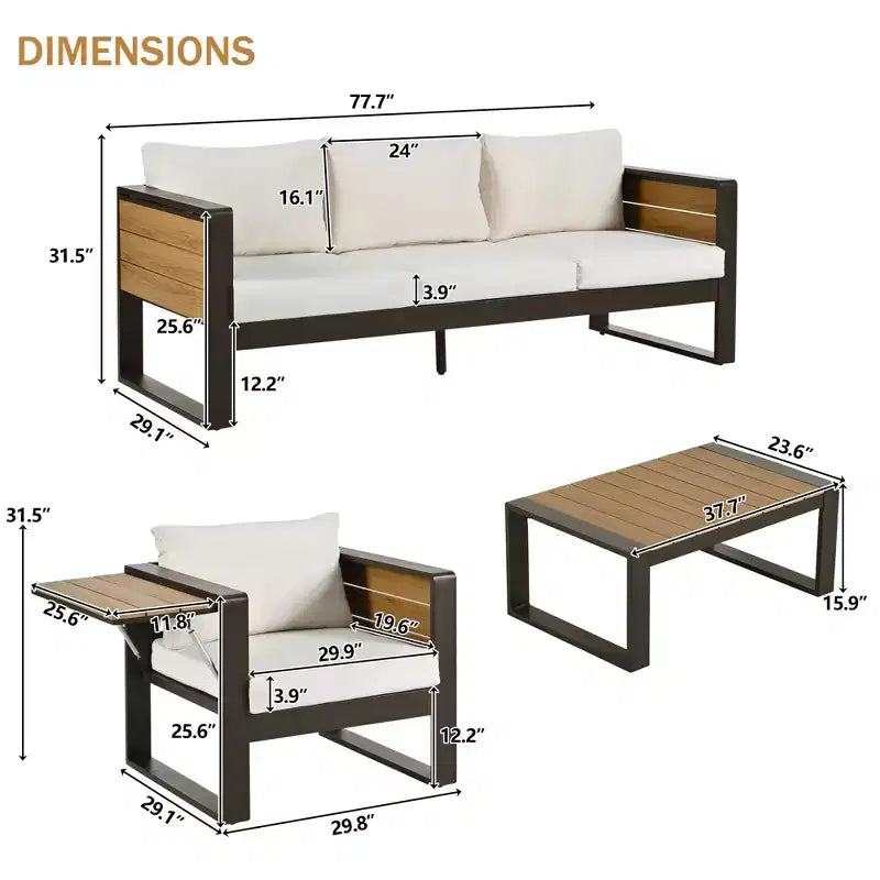 Ensemble de patio extérieur 4 pièces Polibi avec table basse et tables d'appoint pliantes