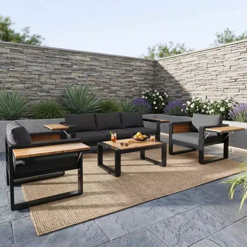 Ensemble de patio extérieur 4 pièces Polibi avec table basse et tables d'appoint pliantes