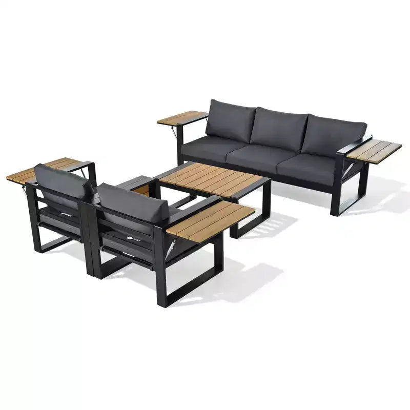 Ensemble de patio extérieur 4 pièces Polibi avec table basse et tables d'appoint pliantes