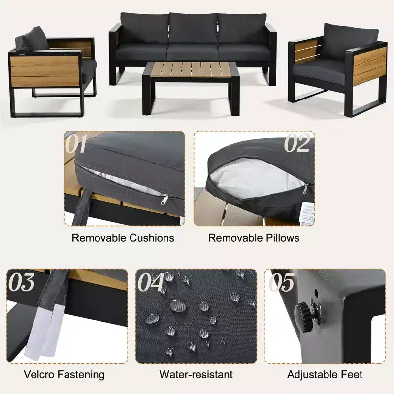 Ensemble de patio extérieur 4 pièces Polibi avec table basse et tables d'appoint pliantes