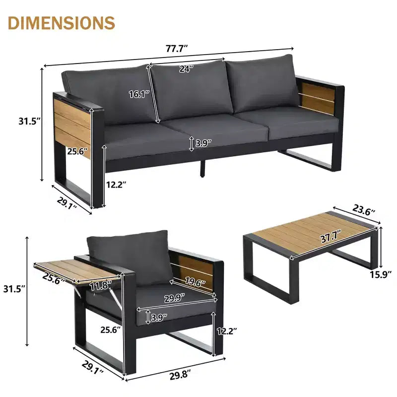 Ensemble de patio extérieur 4 pièces Polibi avec table basse et tables d'appoint pliantes