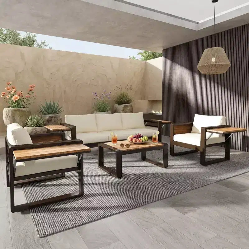 Ensemble de patio extérieur 4 pièces Polibi avec table basse et tables d'appoint pliantes