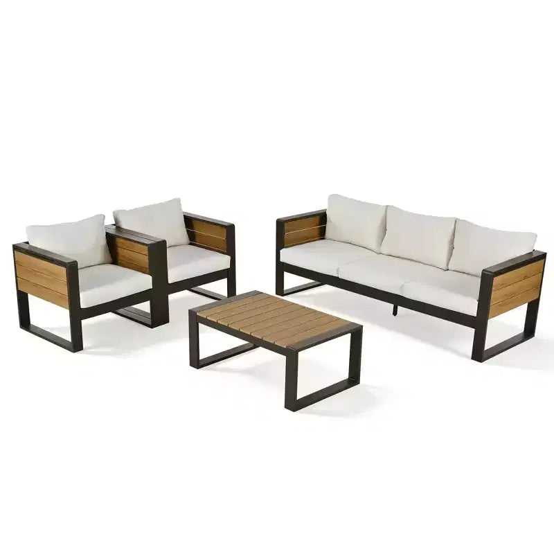 Ensemble de patio extérieur 4 pièces Polibi avec table basse et tables d'appoint pliantes
