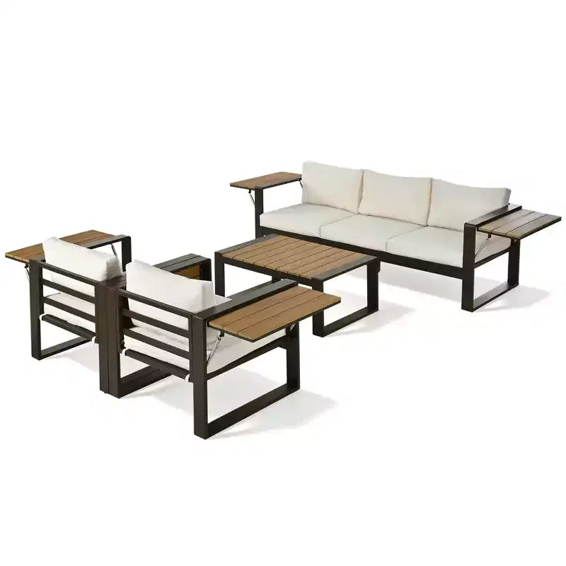 Ensemble de patio extérieur 4 pièces Polibi avec table basse et tables d'appoint pliantes
