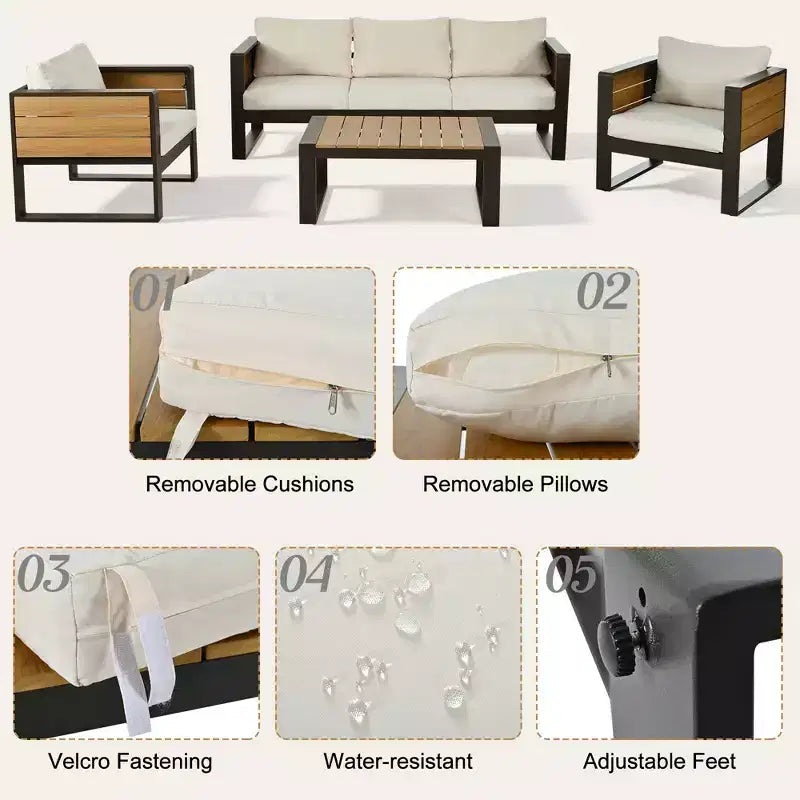 Ensemble de patio extérieur 4 pièces Polibi avec table basse et tables d'appoint pliantes
