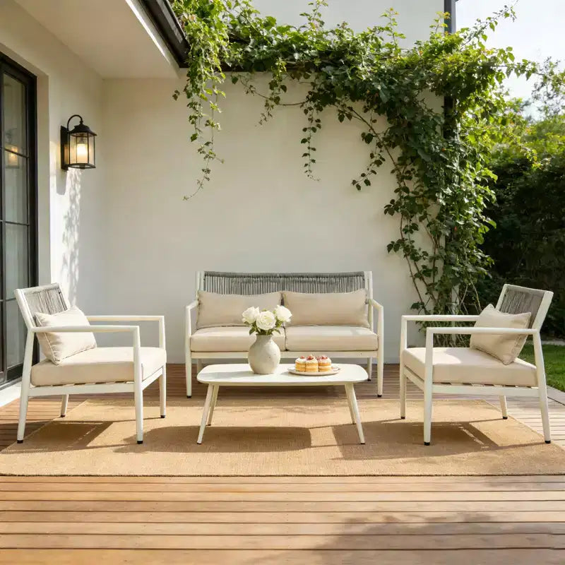 GDFStudio Oscar Ensemble de conversation moderne d'extérieur 4 places avec cadre en métal, coussins épais et design tressé en corde