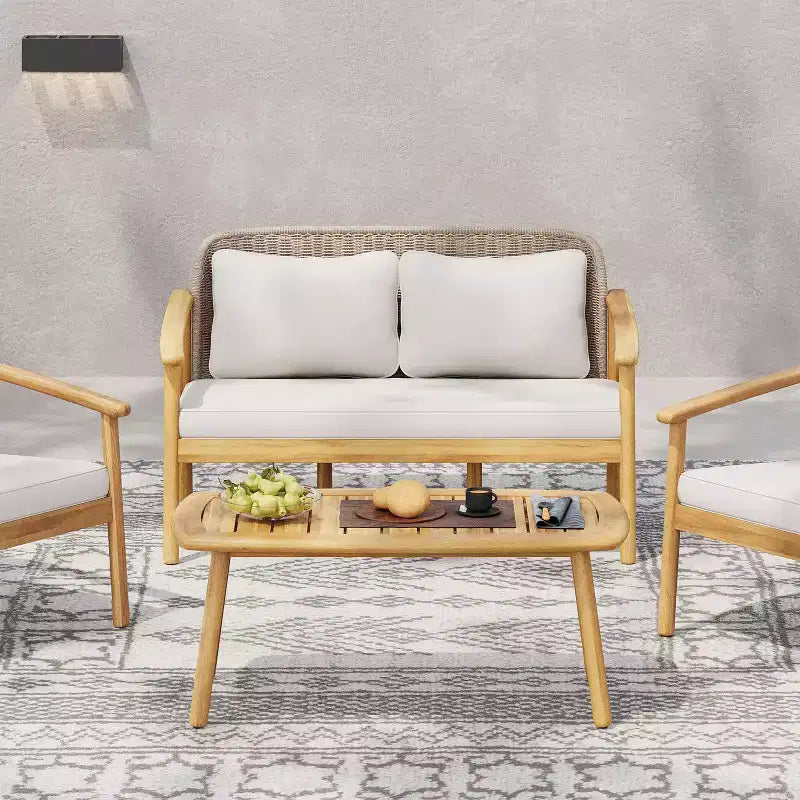 Ensemble de conversation ModernLuxe en bois d'acacia pour l'extérieur, ensemble de canapés de patio avec dossier en corde tressée et table basse, finition teck clair