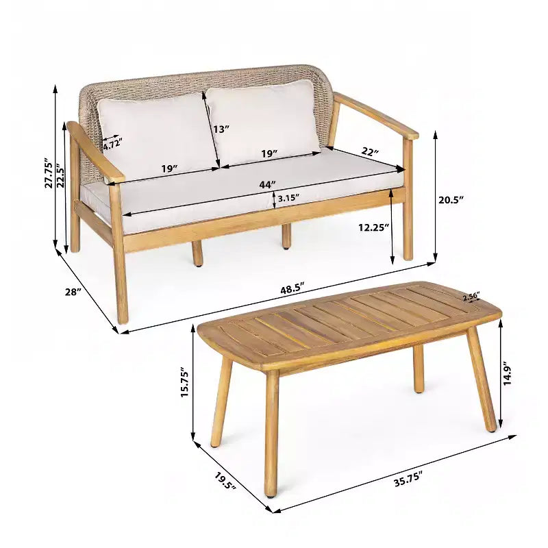 Ensemble de conversation ModernLuxe en bois d'acacia pour l'extérieur, ensemble de canapés de patio avec dossier en corde tressée et table basse, finition teck clair