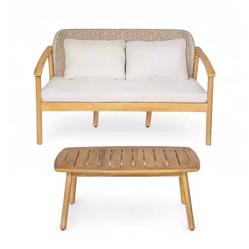 Ensemble de conversation ModernLuxe en bois d'acacia pour l'extérieur, ensemble de canapés de patio avec dossier en corde tressée et table basse, finition teck clair