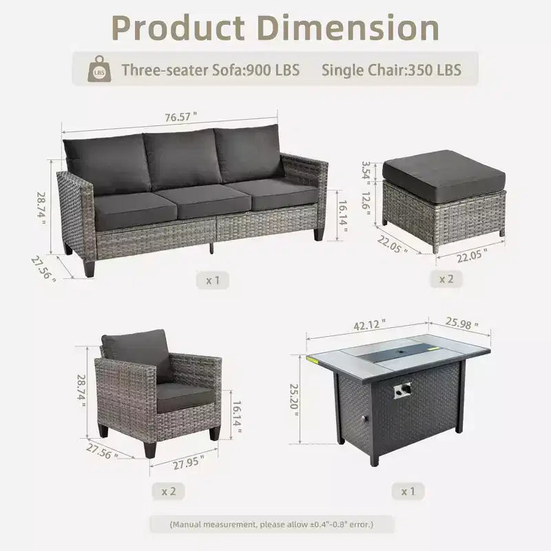 Ensemble de patio HOMLUX 6 pièces avec brasero en acier de 42 po, canapé 3 places, chaises simples et poufs