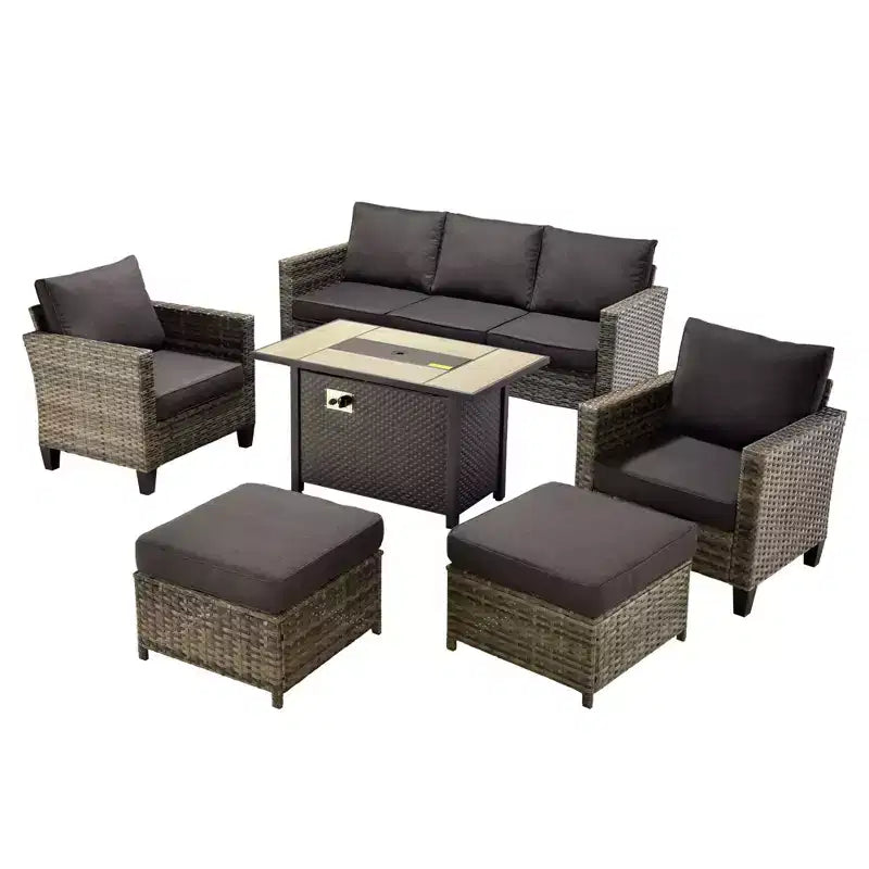 Ensemble de patio HOMLUX 6 pièces avec brasero en acier de 42 po, canapé 3 places, chaises simples et poufs
