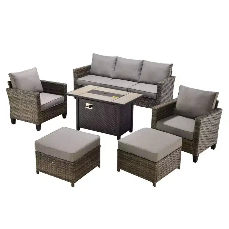 Ensemble de patio HOMLUX 6 pièces avec brasero en acier de 42 po, canapé 3 places, chaises simples et poufs