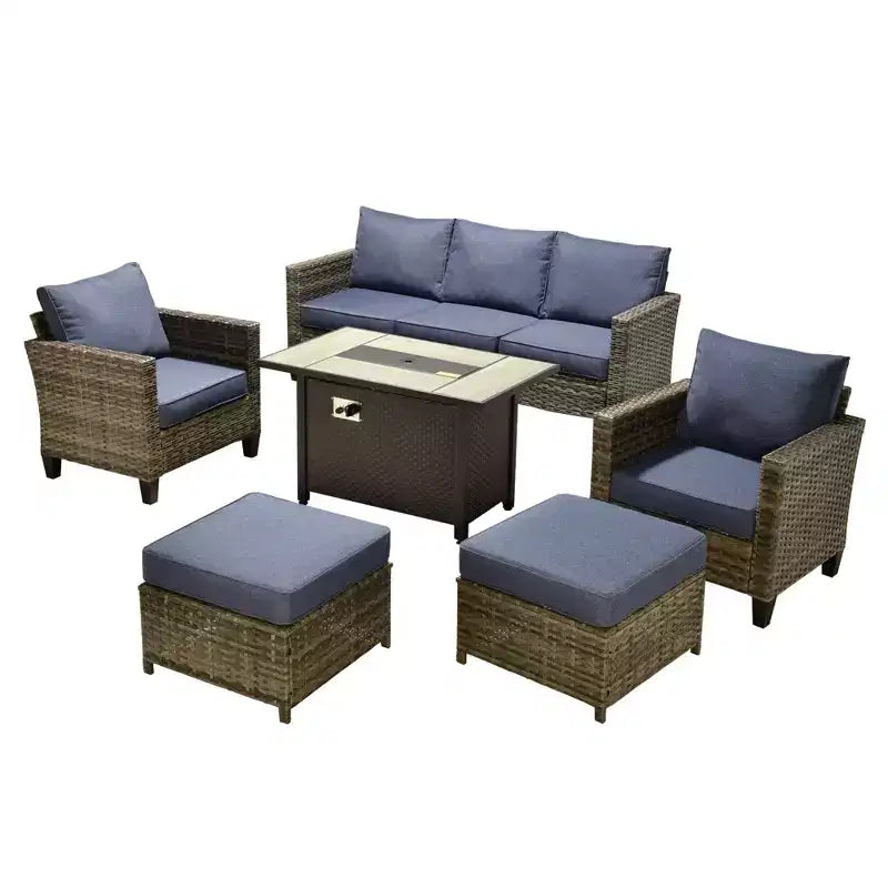 Ensemble de patio HOMLUX 6 pièces avec brasero en acier de 42 po, canapé 3 places, chaises simples et poufs