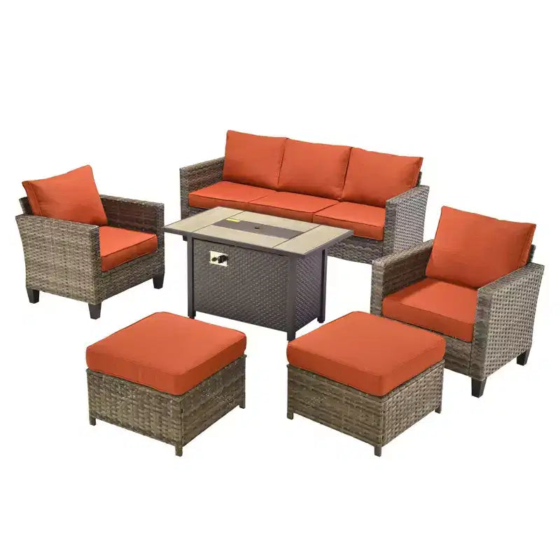 Ensemble de patio HOMLUX 6 pièces avec brasero en acier de 42 po, canapé 3 places, chaises simples et poufs