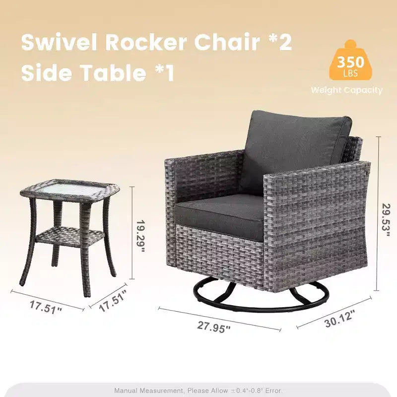 Ensemble de patio 3 pièces HOMLUX : Fauteuils pivotants à bascule et table d'appoint en osier toutes saisons