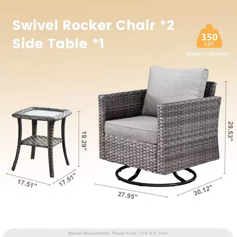 Ensemble de patio 3 pièces HOMLUX : Fauteuils pivotants à bascule et table d'appoint en osier toutes saisons