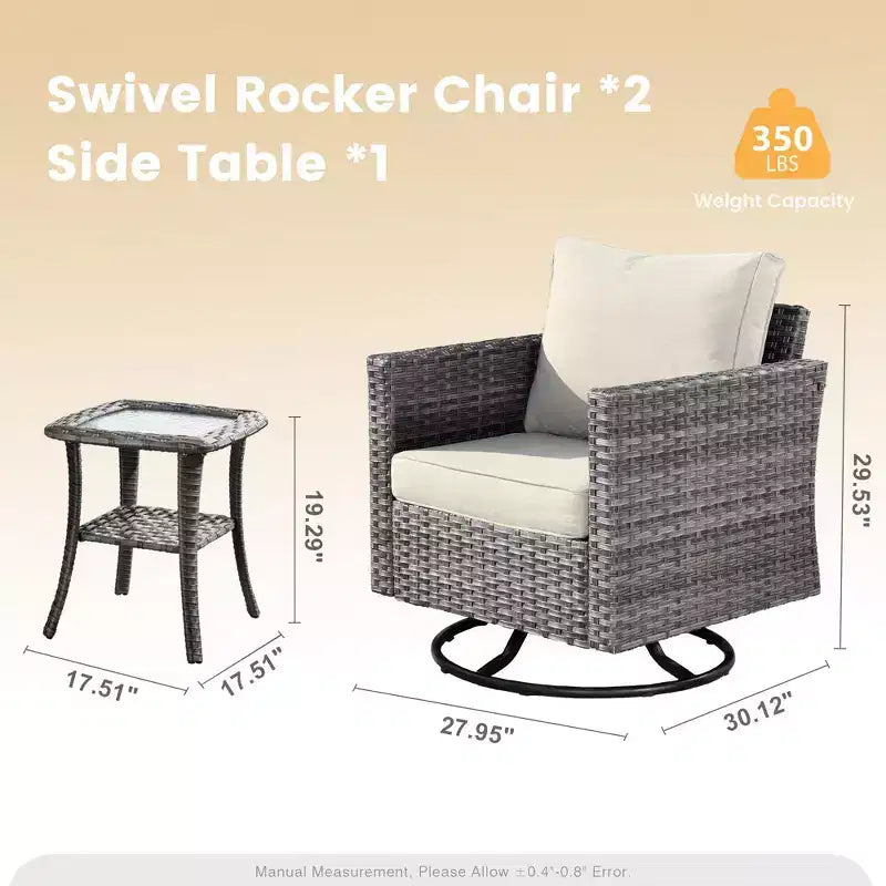 Ensemble de patio 3 pièces HOMLUX : Fauteuils pivotants à bascule et table d'appoint en osier toutes saisons