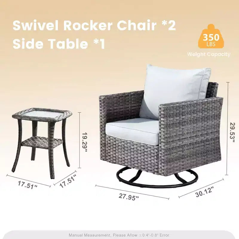 Ensemble de patio 3 pièces HOMLUX : Fauteuils pivotants à bascule et table d'appoint en osier toutes saisons