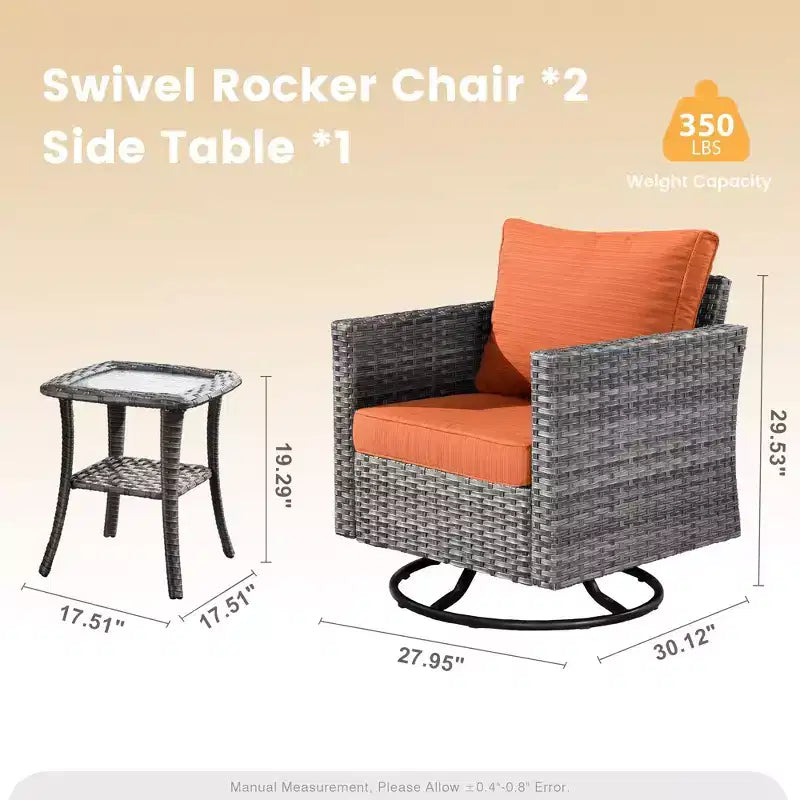 Ensemble de patio 3 pièces HOMLUX : Fauteuils pivotants à bascule et table d'appoint en osier toutes saisons