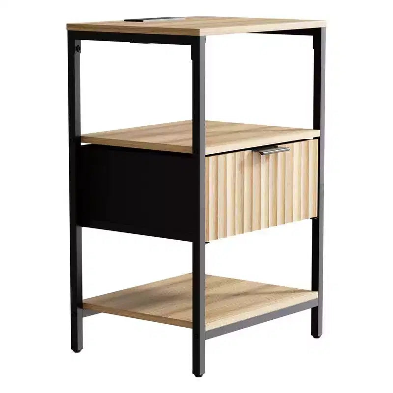 Karl Home 15 Inches Wide Nightstand - 1 Drawer, 2 Shelves, US Power Outlet - set of 2