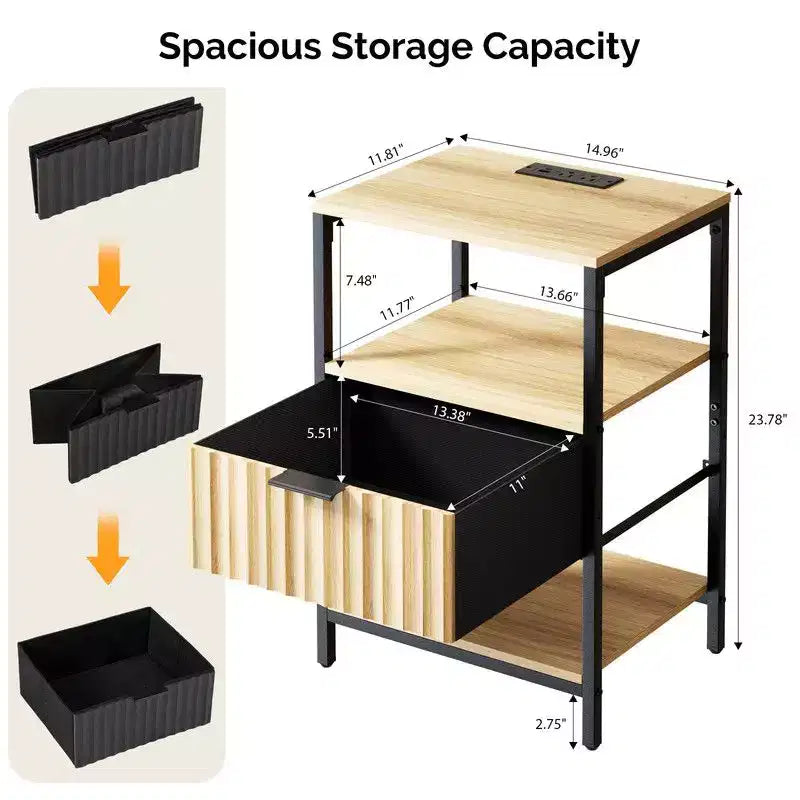 Karl Home 15 Inches Wide Nightstand - 1 Drawer, 2 Shelves, US Power Outlet - set of 2