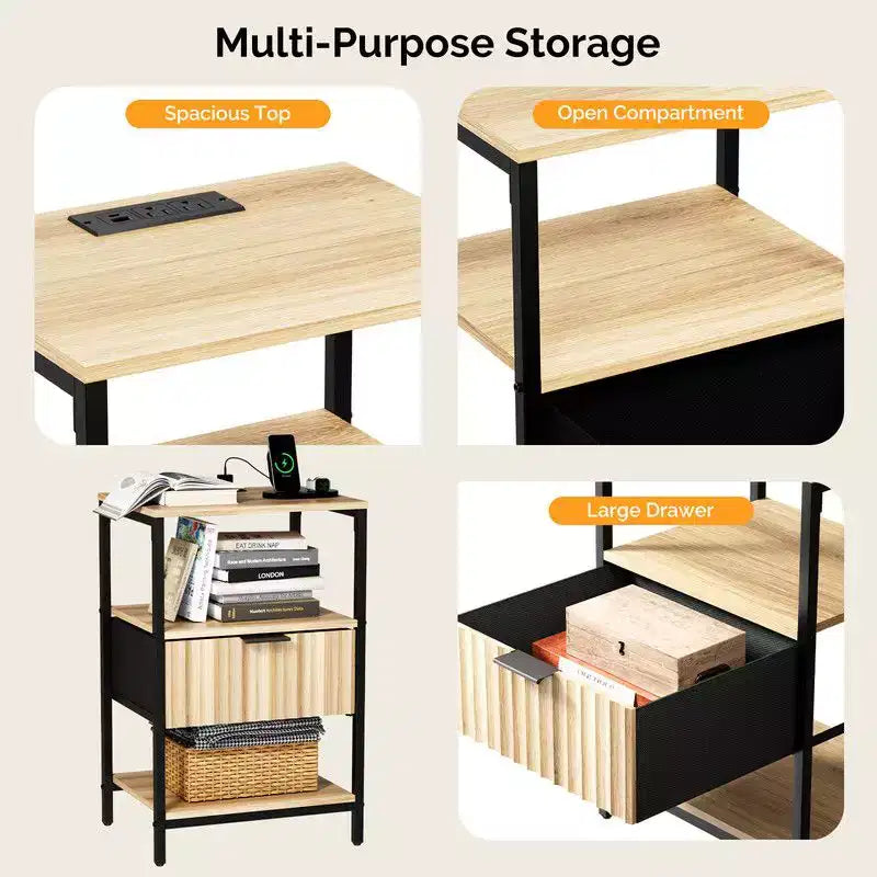 Karl Home 15 Inches Wide Nightstand - 1 Drawer, 2 Shelves, US Power Outlet - set of 2