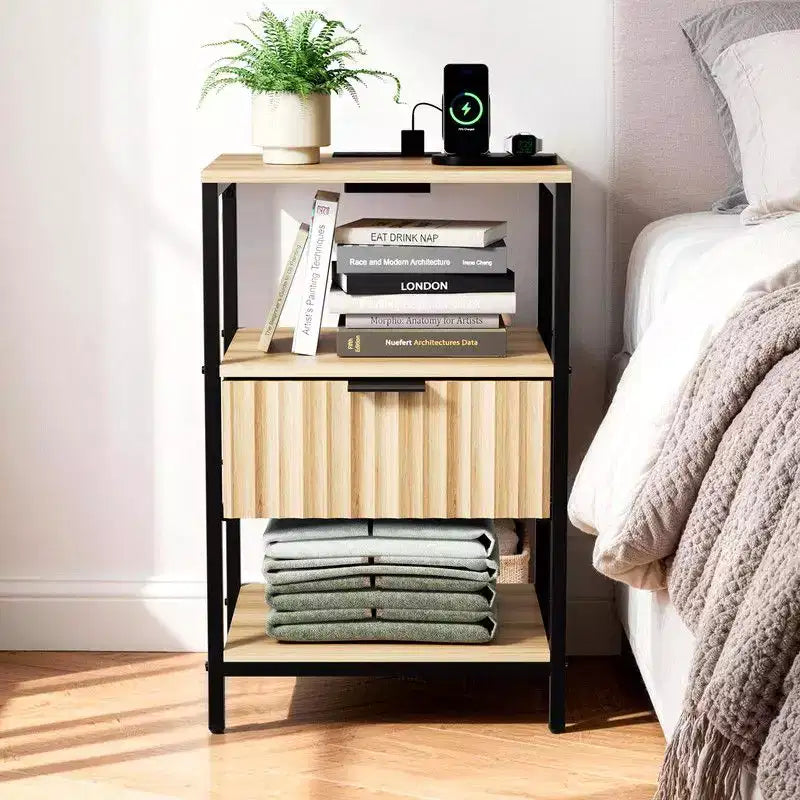 Karl Home 15 Inches Wide Nightstand - 1 Drawer, 2 Shelves, US Power Outlet - set of 2