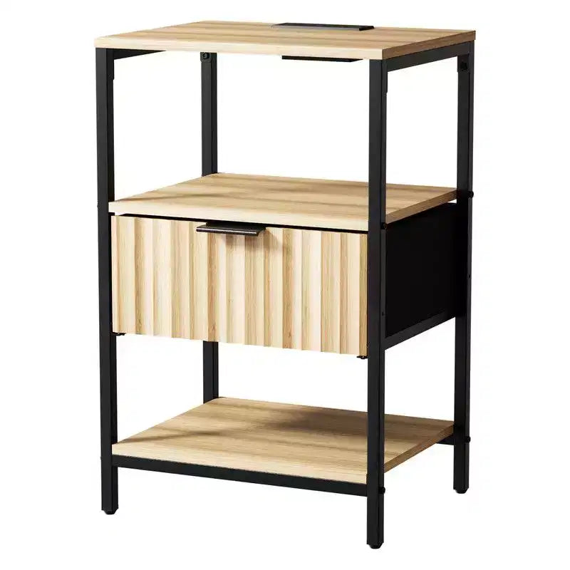 Karl Home 15 Inches Wide Nightstand - 1 Drawer, 2 Shelves, US Power Outlet - set of 2