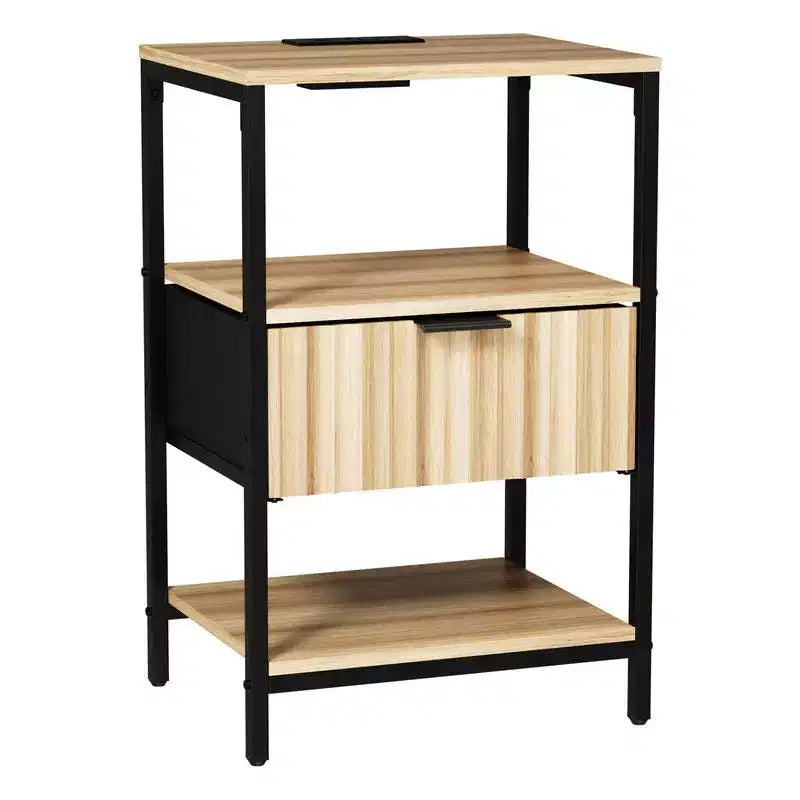 Karl Home 15 Inches Wide Nightstand - 1 Drawer, 2 Shelves, US Power Outlet - set of 2