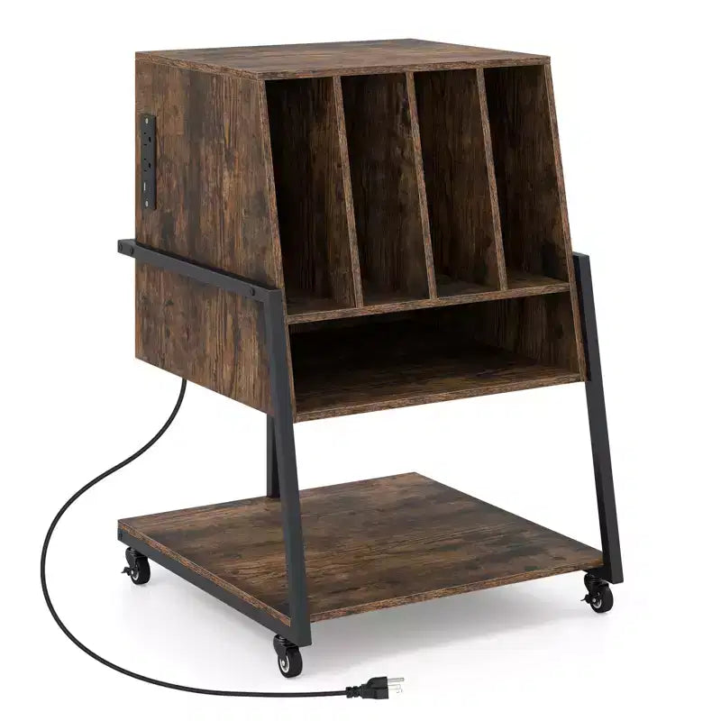 Costway Record Player Stand with Charging Station, Vinyl Record Storage Organizer Brown Rustic Brown/Black