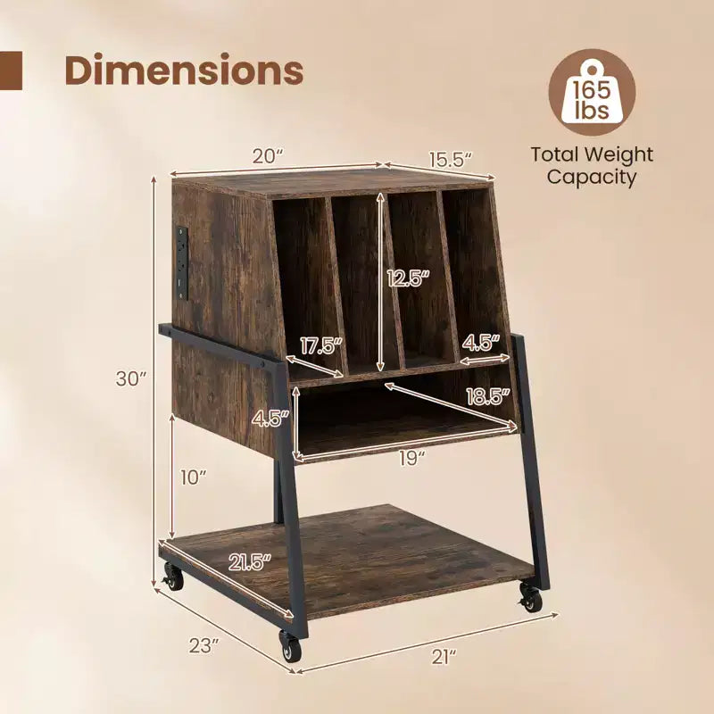 Costway Record Player Stand with Charging Station, Vinyl Record Storage Organizer Brown Rustic Brown/Black