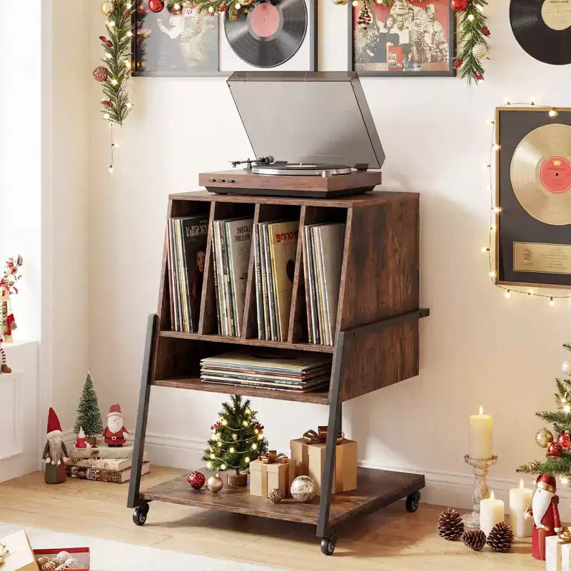 Costway Record Player Stand with Charging Station, Vinyl Record Storage Organizer Brown Rustic Brown/Black