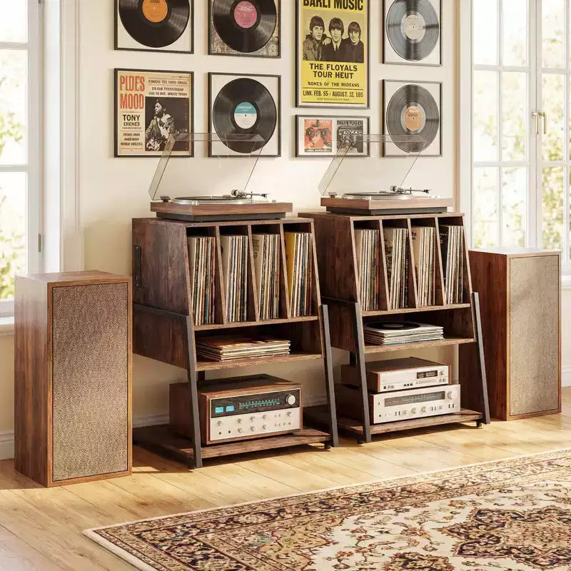 Costway Record Player Stand with Charging Station, Vinyl Record Storage Organizer Brown Rustic Brown/Black