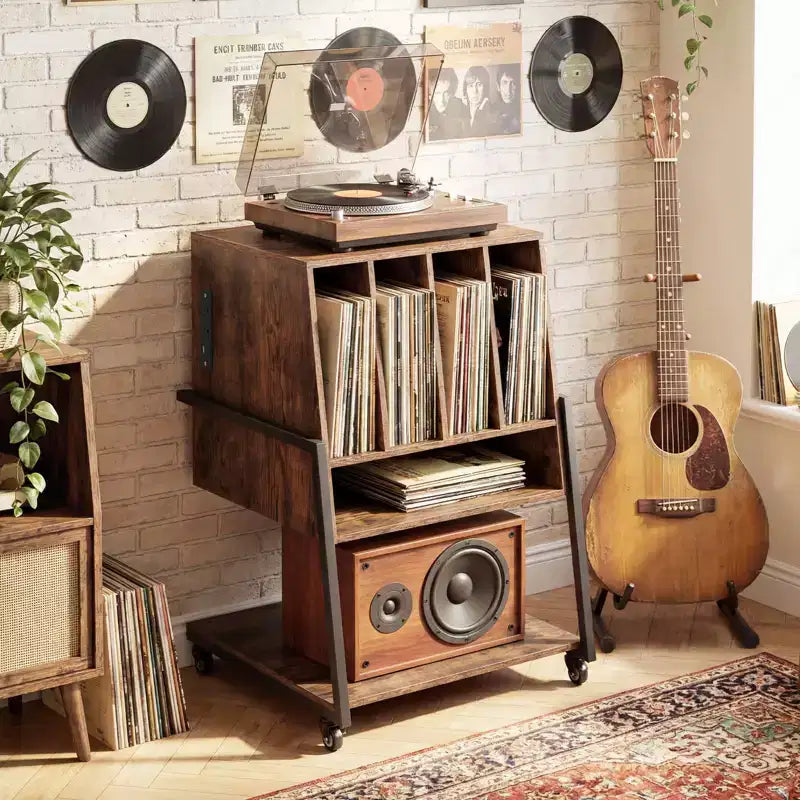 Costway Record Player Stand with Charging Station, Vinyl Record Storage Organizer Brown Rustic Brown/Black