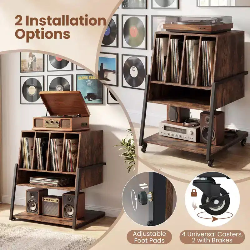 Costway Record Player Stand with Charging Station, Vinyl Record Storage Organizer Brown Rustic Brown/Black