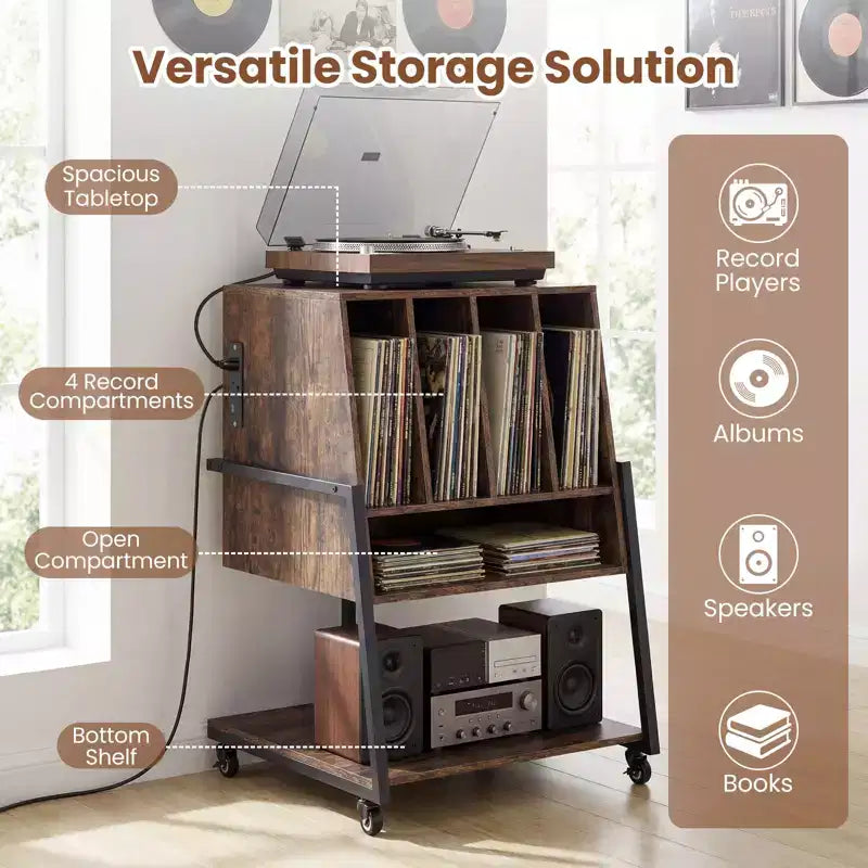 Costway Record Player Stand with Charging Station, Vinyl Record Storage Organizer Brown Rustic Brown/Black
