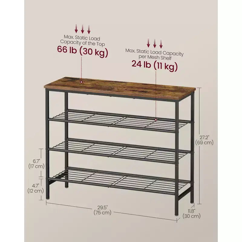 VASAGLE Shoe Rack, Shoe Storage Rack for Closet, Free Standing Metal Organizer Shelf, 4 Tiers, for 1216 Pairs, Rustic Brown and Ink Black